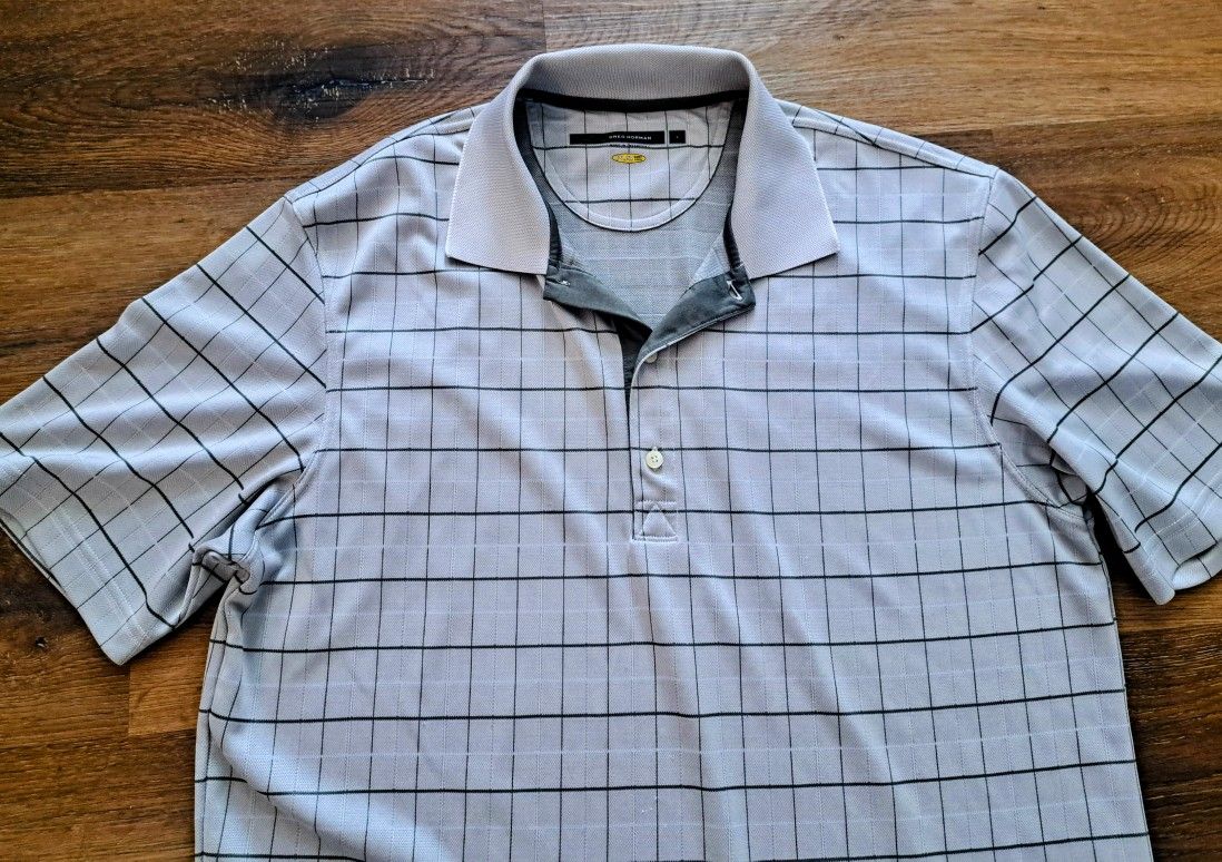 Greg Norman Mens GolfPolo Shirt Size L Play Dry Short Sleeve Beige New Condition
