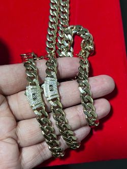 Brand New Premium 14K Gold Plated Cuban Necklace & Bracelet Set | CZ Diamond Lock