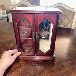 Beautiful vintage jewelry box wood/glass display with mirror $65 OBO! NEED Gone