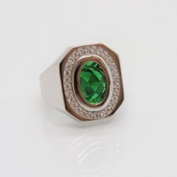 Vintage Sterling Silver Faceted Emerald & White Topaz Men's Ring Size 9  