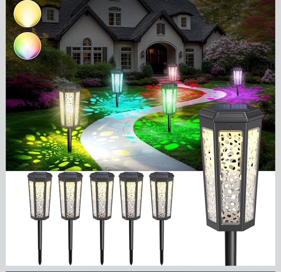 Solar Powered Pathway Lights Outdoor Warm White & RGB Color Changing LED Landscape Lamp for Patio, Yard, Walkway, Driveway, Waterproof, Auto On/Off 6 