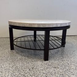 Round Stone & Metal Coffee Table with Storage Shelf – 38”