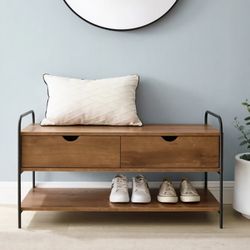 Walker Edison Alissa Two Drawer Entry Bench w/ Shoe Storage in Natural Walnut Brown, Contemporary & Modern