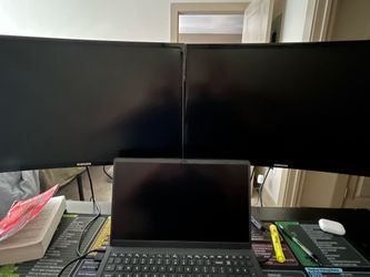 Computer Desk + 2 Samsung Curved Monitors + Dual Monitor Mount