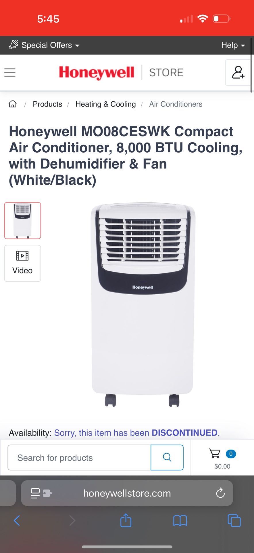 Honeywell Compact Air Conditioner, 8,000 BTU Cooling, with Dehumidifier & Fan (White/Black)