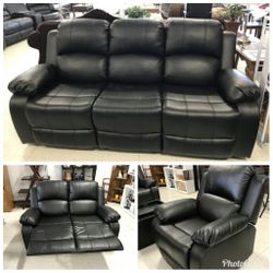 New Black Leather 3pc Reclining Set & FREE DELIVERY