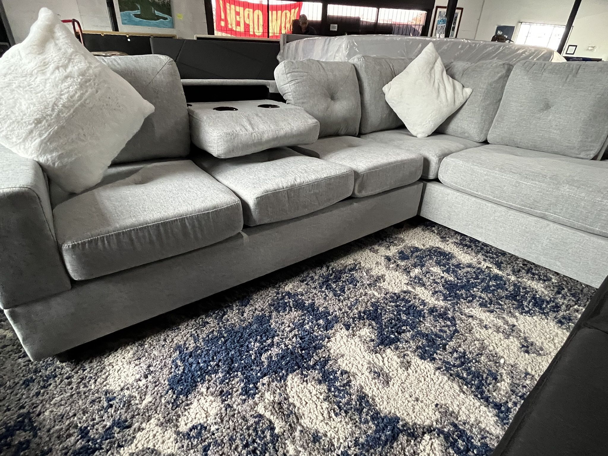 Beautiful Grey Sectional w/ Chaise & Cup Holders – $795 ⭐️ $0 Down Financing + Same Day Delivery
