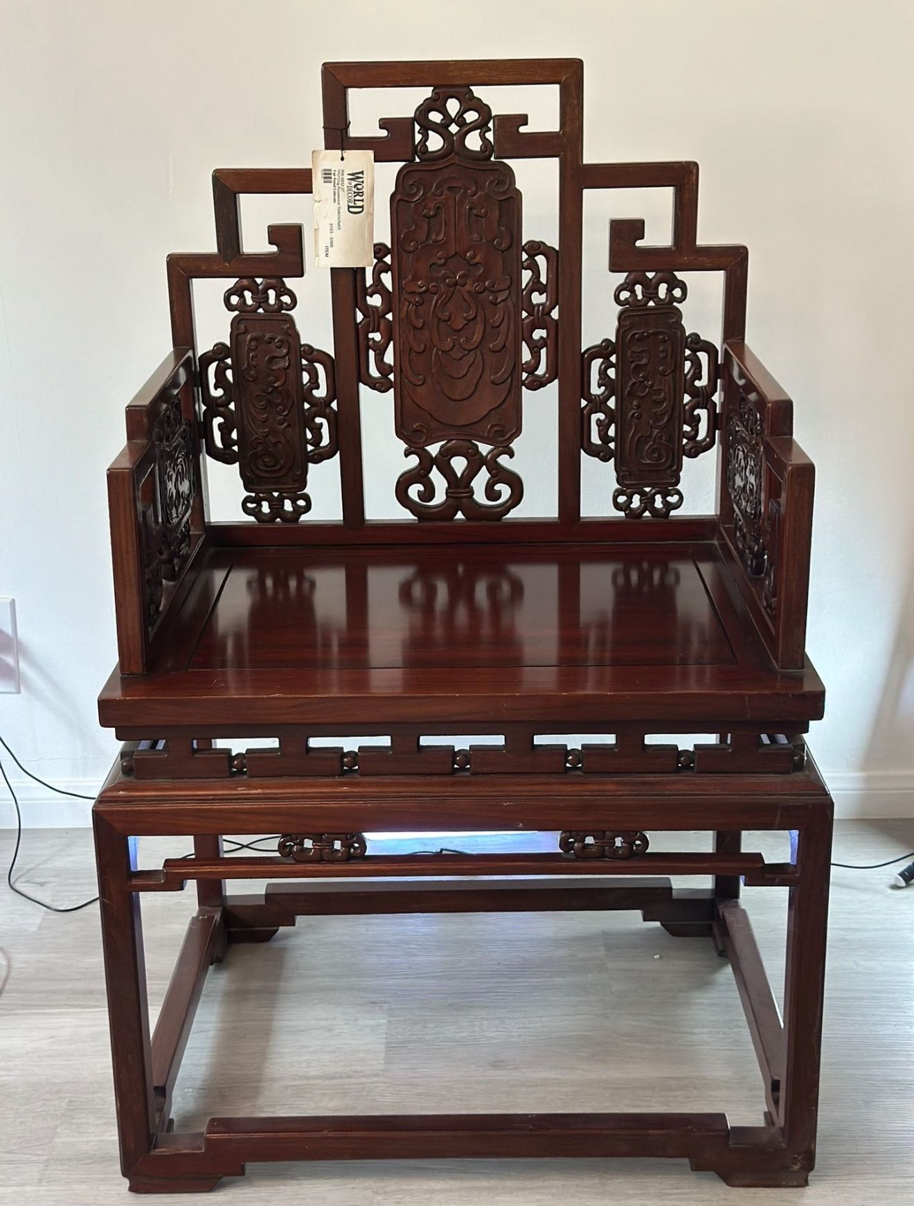 Antiquew Chinese Rosewood Throne Chair with Intricate Hand-Carved Detailing