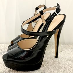 Women's Size 8 Black Slingback Shoes Peep Toe Platforms 6 inch Heels