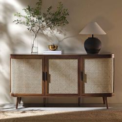 59.1”Izzy Curved Rattan Large 3-Door Sideboard, Walnut