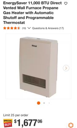 EnergySaver 11,000 BTU Direct Vented Wall Furnace Propane Gas Heater with Automatic Shutoff and Programmable Thermostat