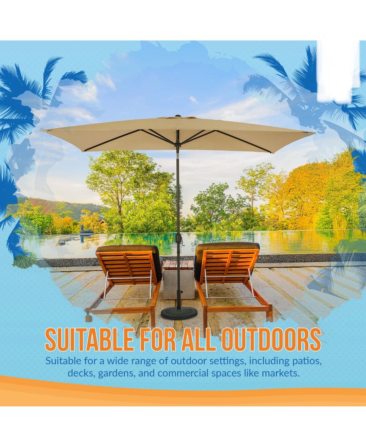 Bimini 6.5’ x 10’ Rectangular Market Patio Umbrella, Champagne Beige, New in Box