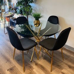 Black Gold Modern Velvet Glass Dining Set For 4