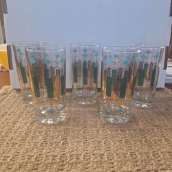 Anchor Hocking MCM - GREEN, TURQUOISE 22K GOLD - Set of 4 - 5 1/2" HIGHBALL GLASSES