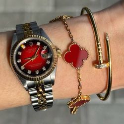 18k yellow gold Red Van cleef Alhambra style Carnelian 5 motifs clover shape stone bracelet