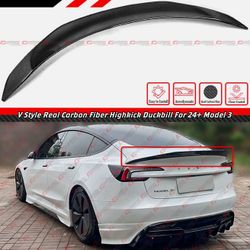 For 2024-25 Tesla Model 3 Highland V Style Caron Fiber High Kick Trunk Spoiler