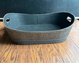 Modern Oval Woven Storage Basket with Leather Base & Handles – Gray/Black/Beige