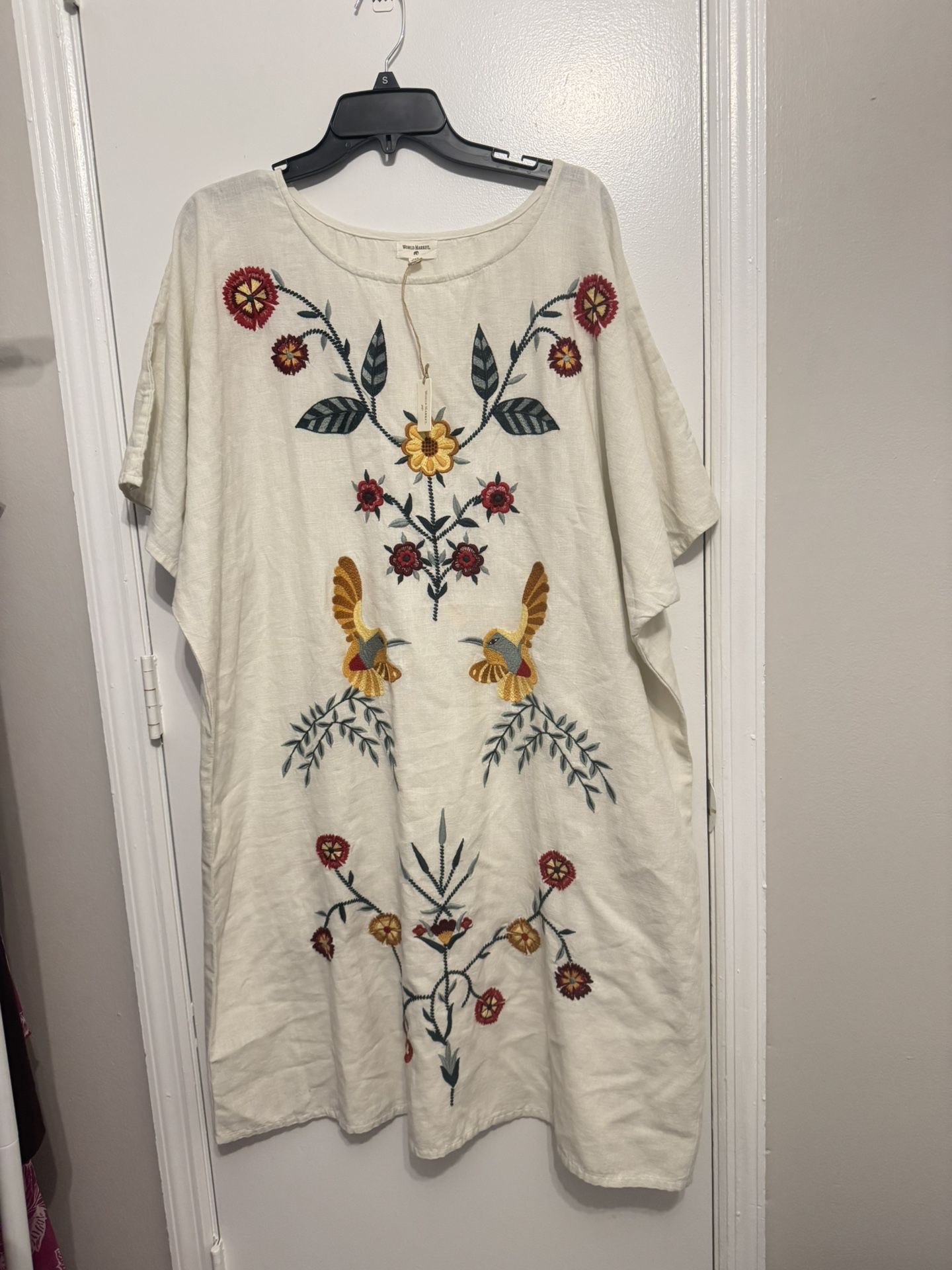 World Market Dress Linen Dress Floral Embroidered Dress Boho Dress Womens OS
