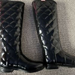 Women’s HUNTER High Gloss Quilted Waterproof Black  Rain Boots 