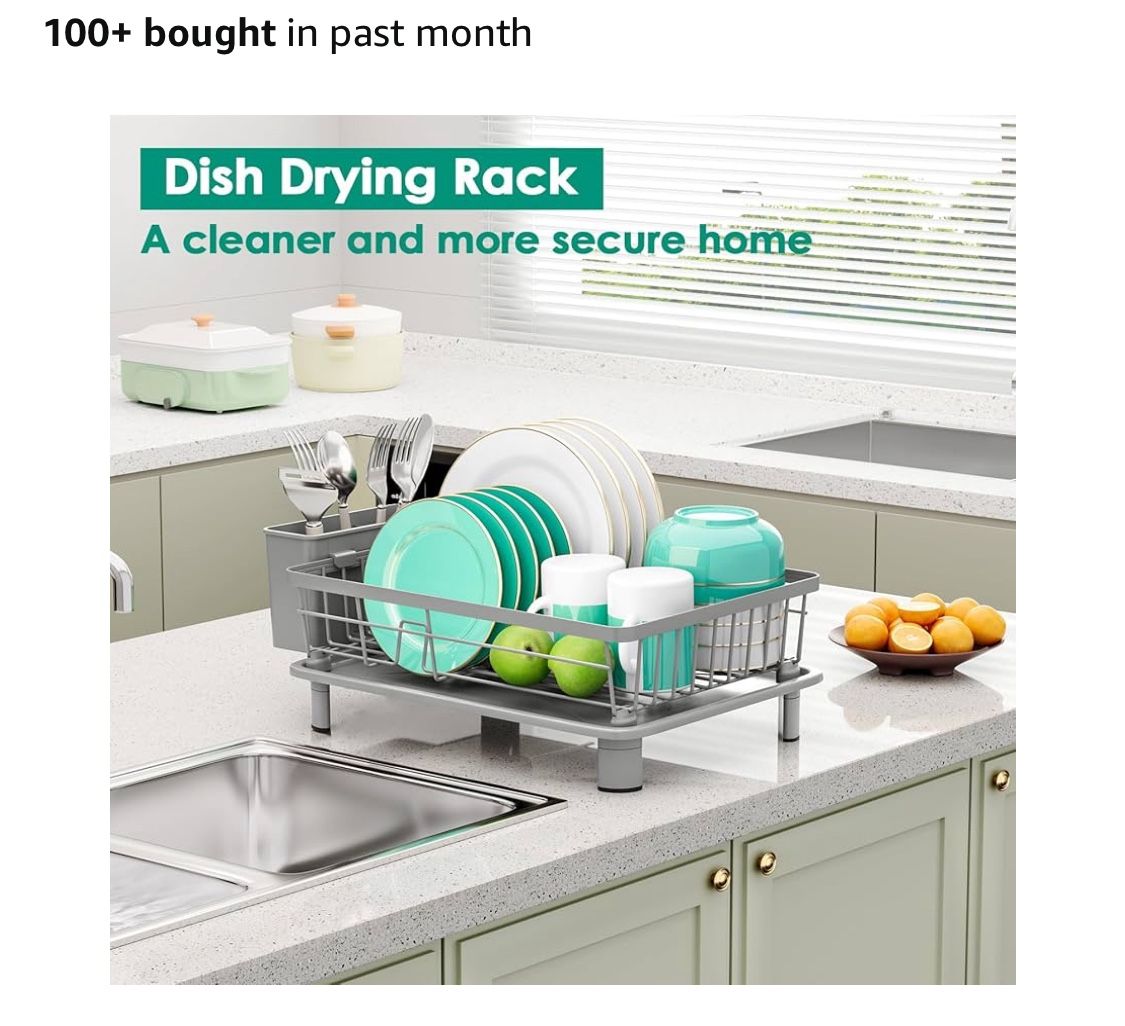 Dish Drying Rack, Removable Utensil Holder,Plate & Drainboard, 11''W x 15, Grey