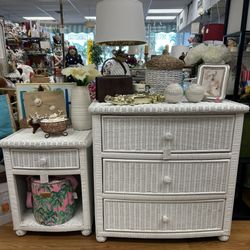 Mid-century white wicker nightstand with drawer and storage cube