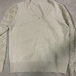 Cream v neck sweater with crochet detailed sleeves size medium 