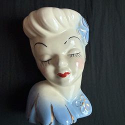 Vintage Betty Grable Style Glamour Girl Lady Head Vase Blue Dress Red Lips
