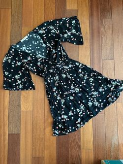 XS Black Floral Mini Dress with Bell Sleeves