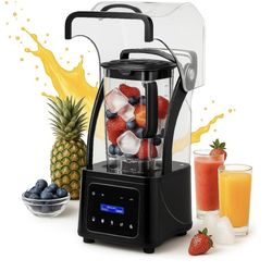Commercial blender featuring a heavy-duty sound enclosure, a 2200-watt high-speed motor, a 60-ounce BPA-free pitcher, and 5 preset functions—suitable