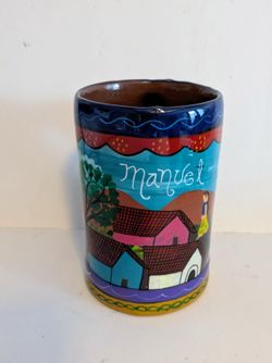 Mug Hand Painted Clay Colorful Mug Pink Handle Village People Manuel