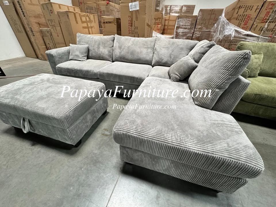 NEW Modern Soft Fabric Sectional Sofa and Chaise FREE STORAGE Ottoman Set Grey Ashley Style Discount Furniture Warehouse BIG SALE Gray Color Couch