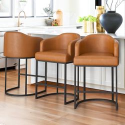 Yellowish-Brown 26 in.Counter Height Fabric Upholstered Bar Stool Kitchen Island Stool With Metal Frame Set of 3