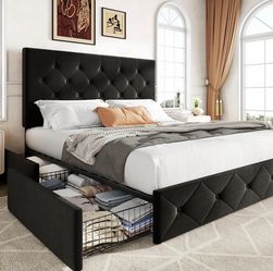 Full Size Black Velvet Tufted Bed Frame w/ 4 Storage Drawers