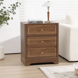 Farmhouse 3-Drawer Nightstand with Carved Sides, Wooden End Table with Stable Base, 23-inch Wide Bedside Table, Small Dresser Chest of Drawers for Bed