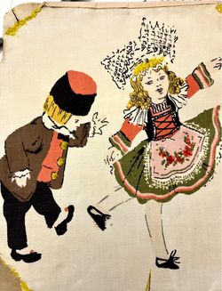 Vintage 50s Everglaze cotton fabric with children in ethnic costumes, dancing – perfect for sewing or framing!