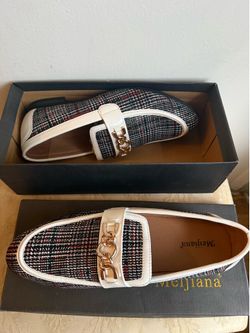 NEW Men's Meijiana Plaid Loafers Size 12 - White Trim & Gold Chain Bit