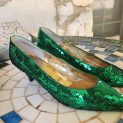 Vintage Emerald Green Sequin Shoes, Size 8