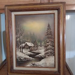 Vintage Oil On Canvas Signed Cooper Lower Right. Winter Cabin Scene. 22" Tall17" Wide