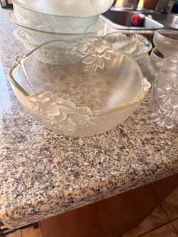 Frosted Glass Floral Handled Serving Bowl