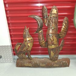 Rustic Metal Howling Coyote & Saguero Cactus Sculpture