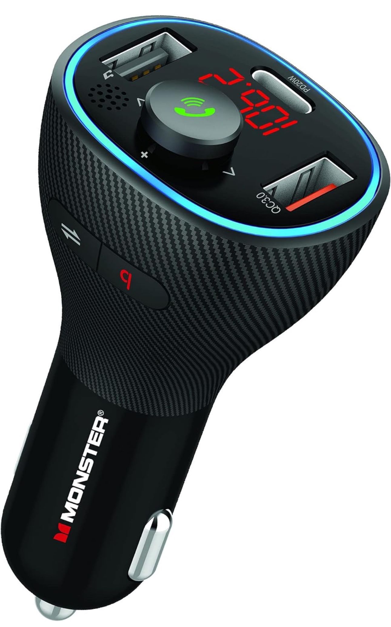 Monster Bluetooth FM Transmitter and 20W QC3.0 USB and Type-C PD Car Charger, 2 Charging Ports, Hands-Free Calls, Play Music Stored On Flash Drives, W