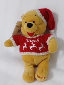 Winter Sweater Reindeer Winnie Pooh Plush Bean Bag Doll Disney NWT