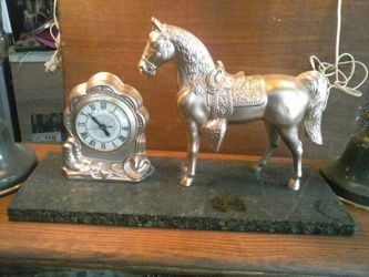 1950'S BRASS HORSE & CLOCK ON MARBLE BASE AT C&G's ANTIQUES 1711 HEWITT AVE EVERETT,WA 98201