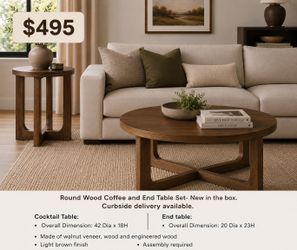 42” Round Coffee Table & 20” End Table Set Walnut Brown New
