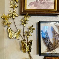 Vintage Gold Tone Butterfly & Flower Metal Wall Decor (Hollywood Regency)
