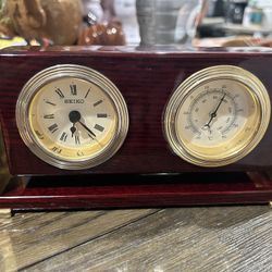 Seiko Vintage Desk Clock Thermometer Cherry Wood Brass White Dial