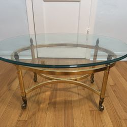 Vintage MCM Hollywood Regency Oval Labarge Style Brass and Glass Coffee Table
