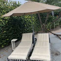 Umbrella, Lounge Chairs And Side Table