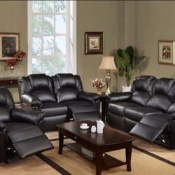 Brand New Black Leather 3pc Reclining Sofa Set 