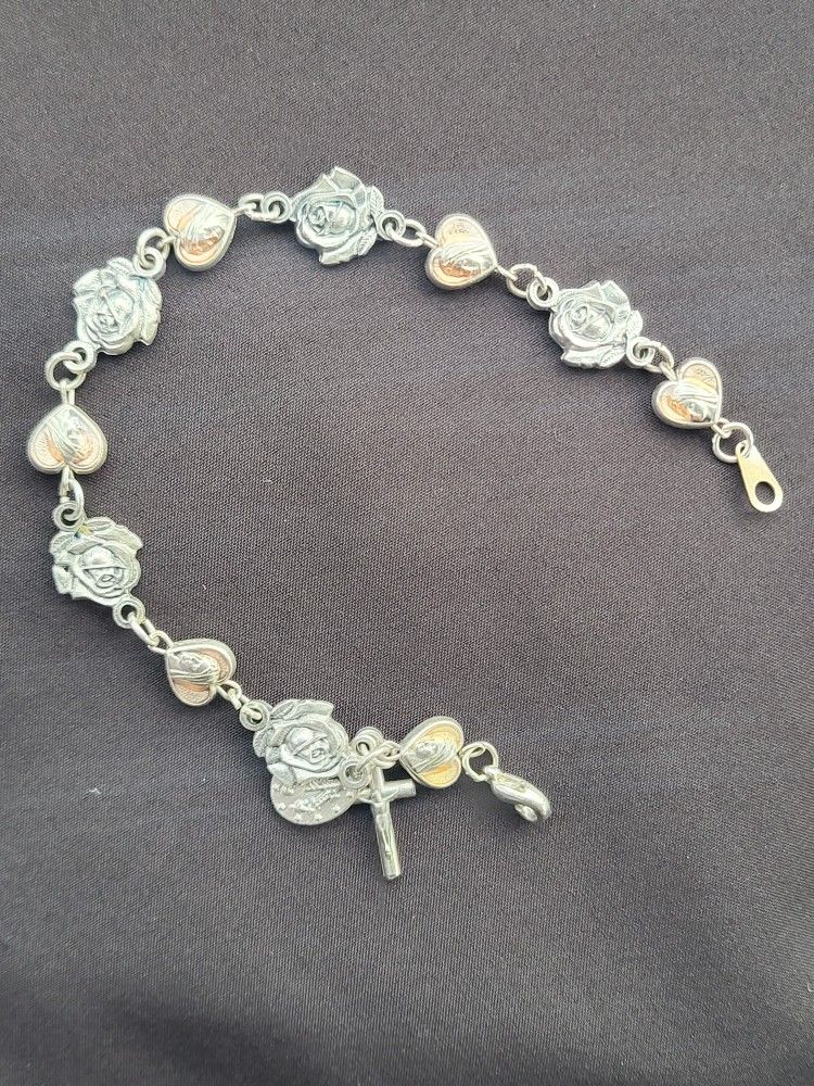Gorgeous Reversible Rosary Bracelet With Silver Roses Peach Tone Hearts Crucifix And Saints Medals!